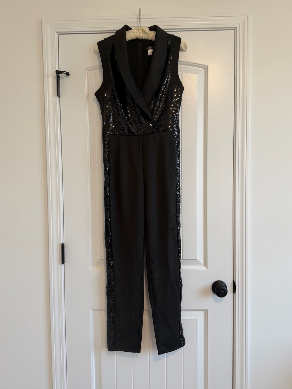 VENUS Size Small Black Sequin Shawl Collar Sleeveless Jumpsuit